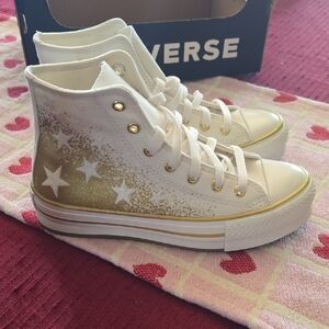 Converse White and Gold High-Tops with Star Pattern